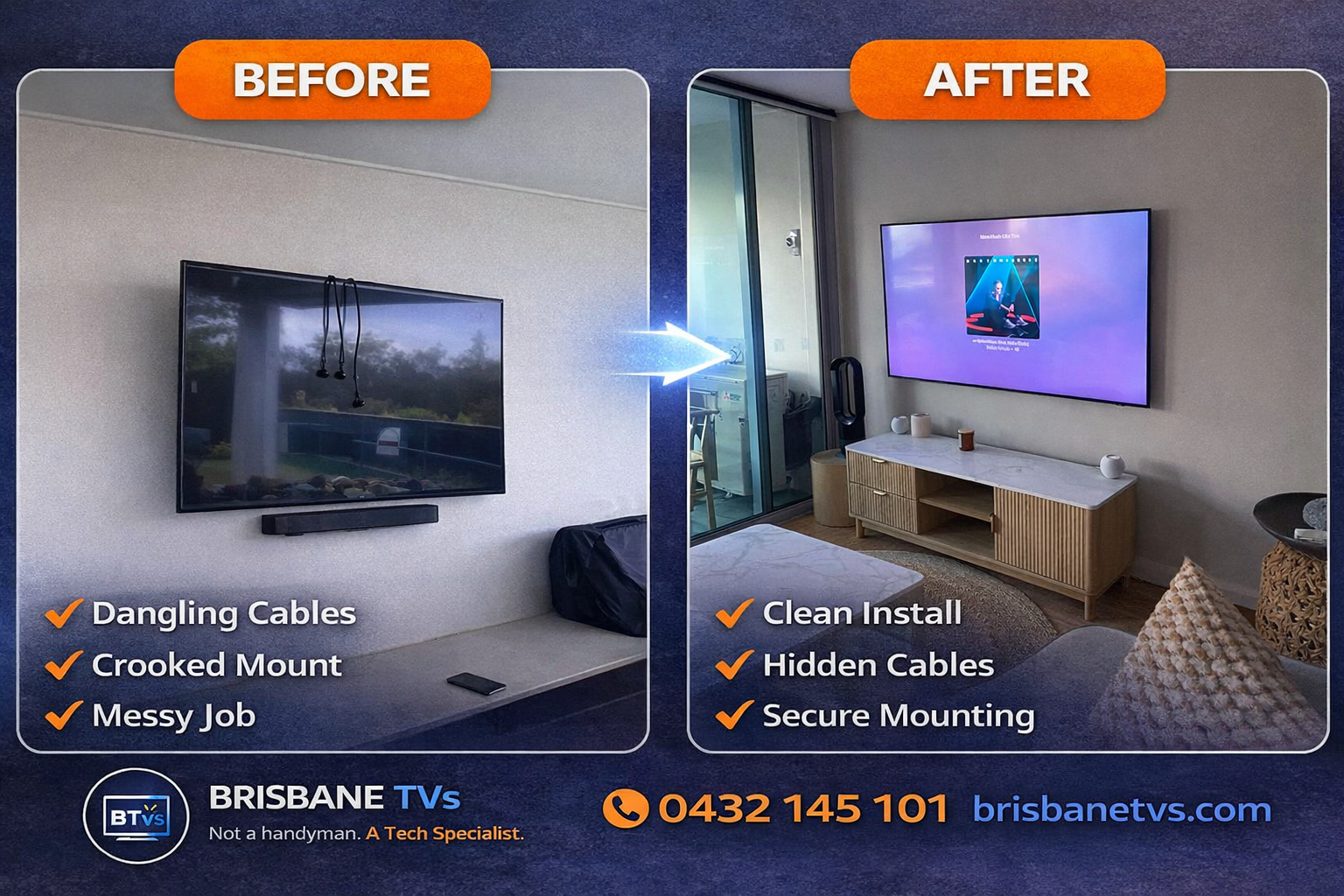 Before and after TV wall mounting comparison