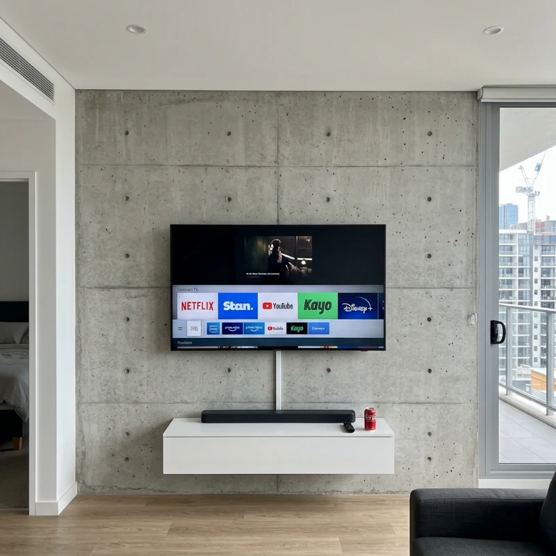 Slim white conduit painted to match the wall, almost invisible behind the TV unit