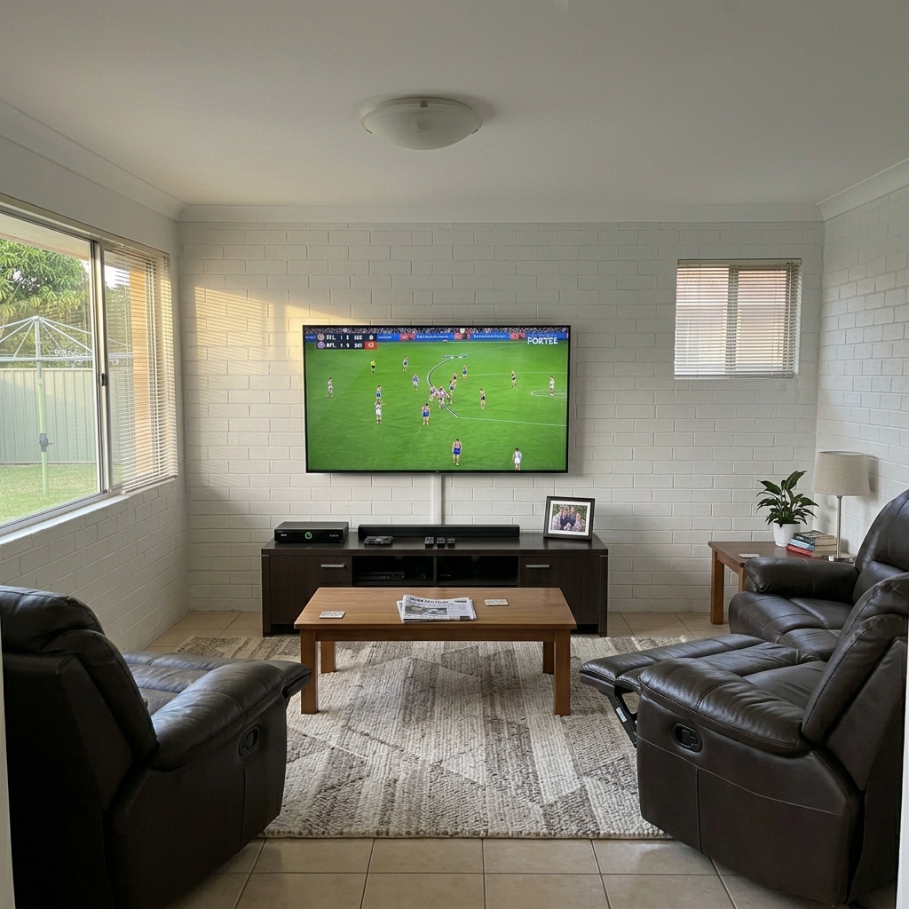 Finished brick-wall TV install viewed wide from across a Brisbane living room